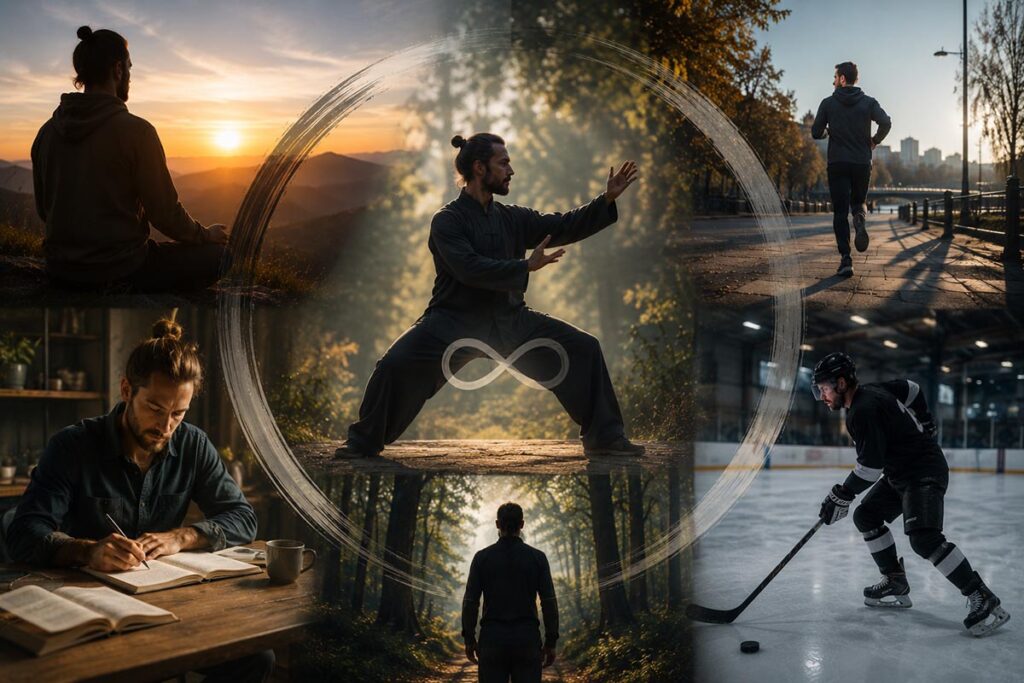 Pratiquant évoluant entre méditation, arts martiaux et activité physique, symbole d’un ancrage cultivé au quotidien.