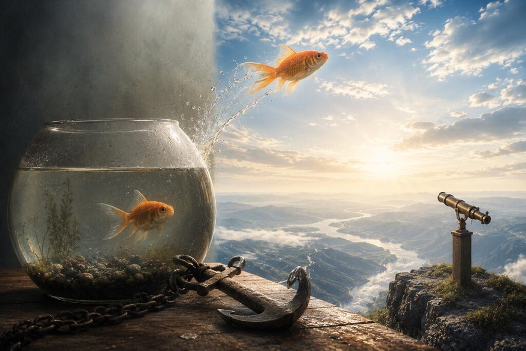 Poisson quittant un bocal pour s’élever vers un vaste paysage, symbole de l’élévation et du changement de perspective.