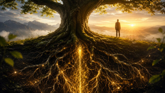 Arbre aux racines lumineuses symbolisant l’ancrage et l’élévation intérieure.