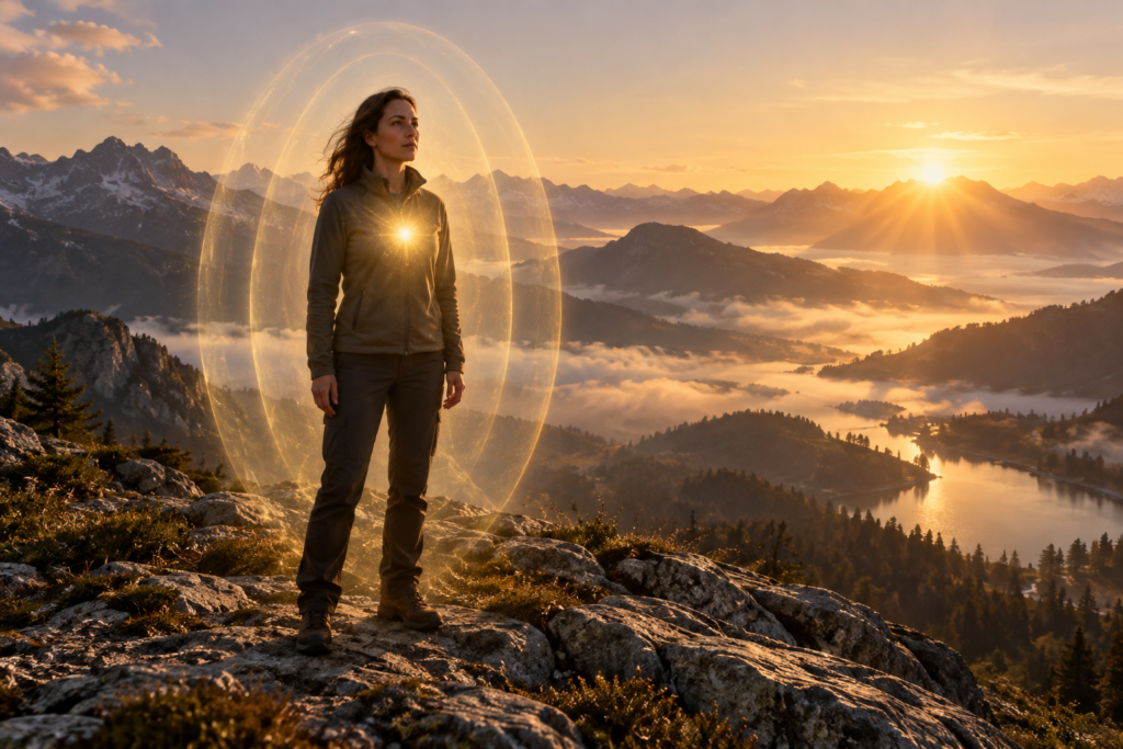 Une femme entourée d’enveloppes lumineuses dorées, une étincelle sur la poitrine, dans un paysage montagneux au soleil levant.