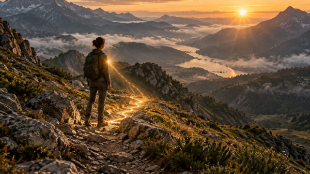 Une personne face aux montagnes au soleil levant, une lumière au niveau du cœur se prolongeant sur le sentier.