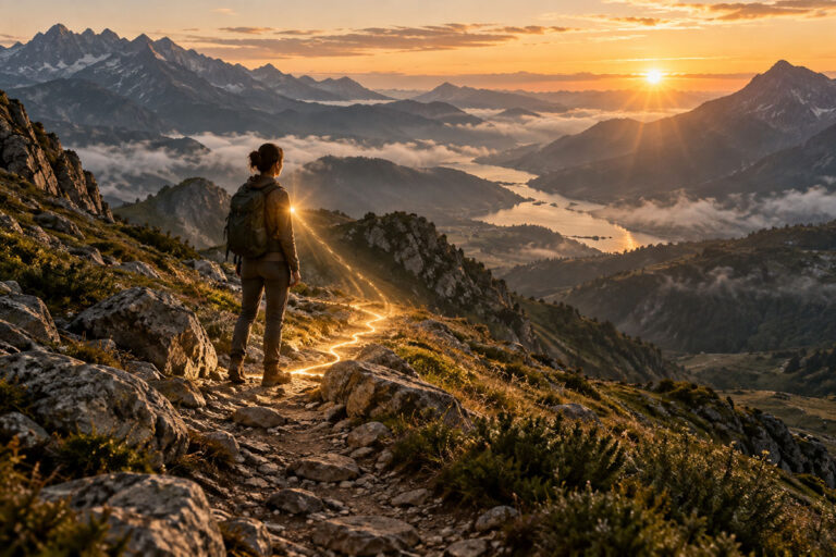 Une personne face aux montagnes au soleil levant, une lumière au niveau du cœur se prolongeant sur le sentier.