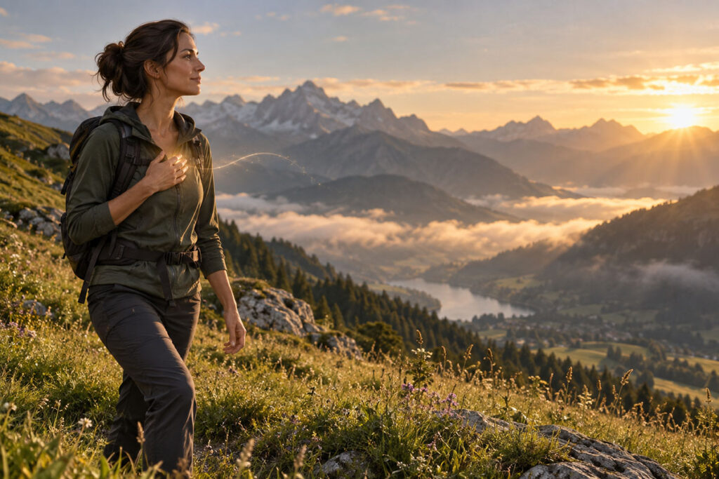 Une randonneuse avance, la main sur une lumière dorée à sa poitrine, face à une vallée montagneuse au soleil levant.